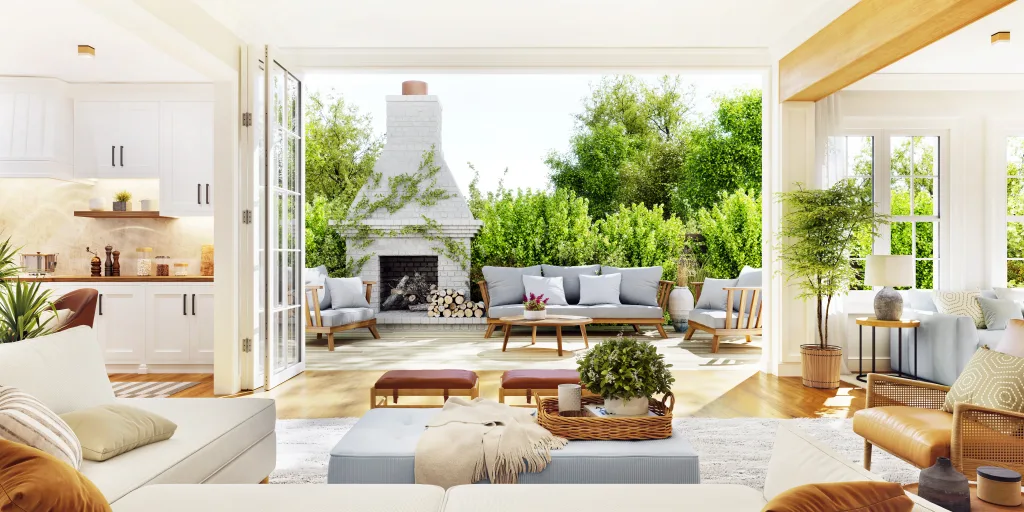 Open plan living room with white kitchen. Cosy patio with a fireplace