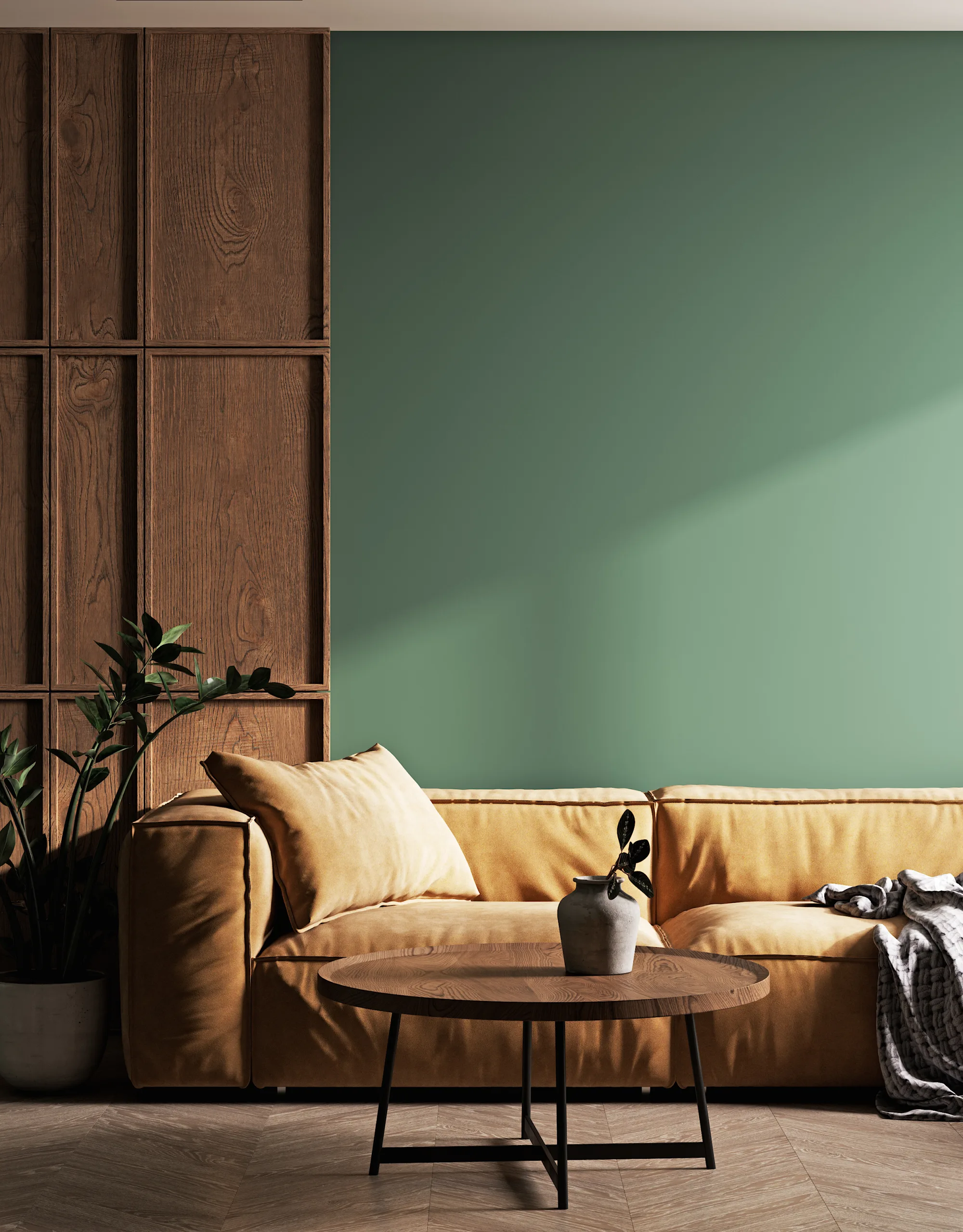 Modern home interior mock-up with brown sofa, table, and decoration in the living room, 3d rendernge furniture and wooden table, Scandinavian style